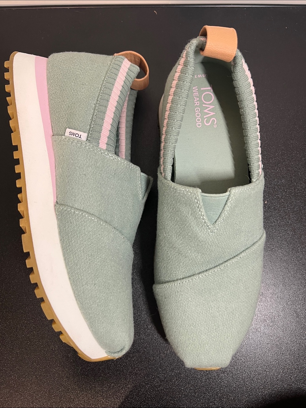 Toms Women's Mint Green Slip-On Sneakers with Pink and Tan Accents